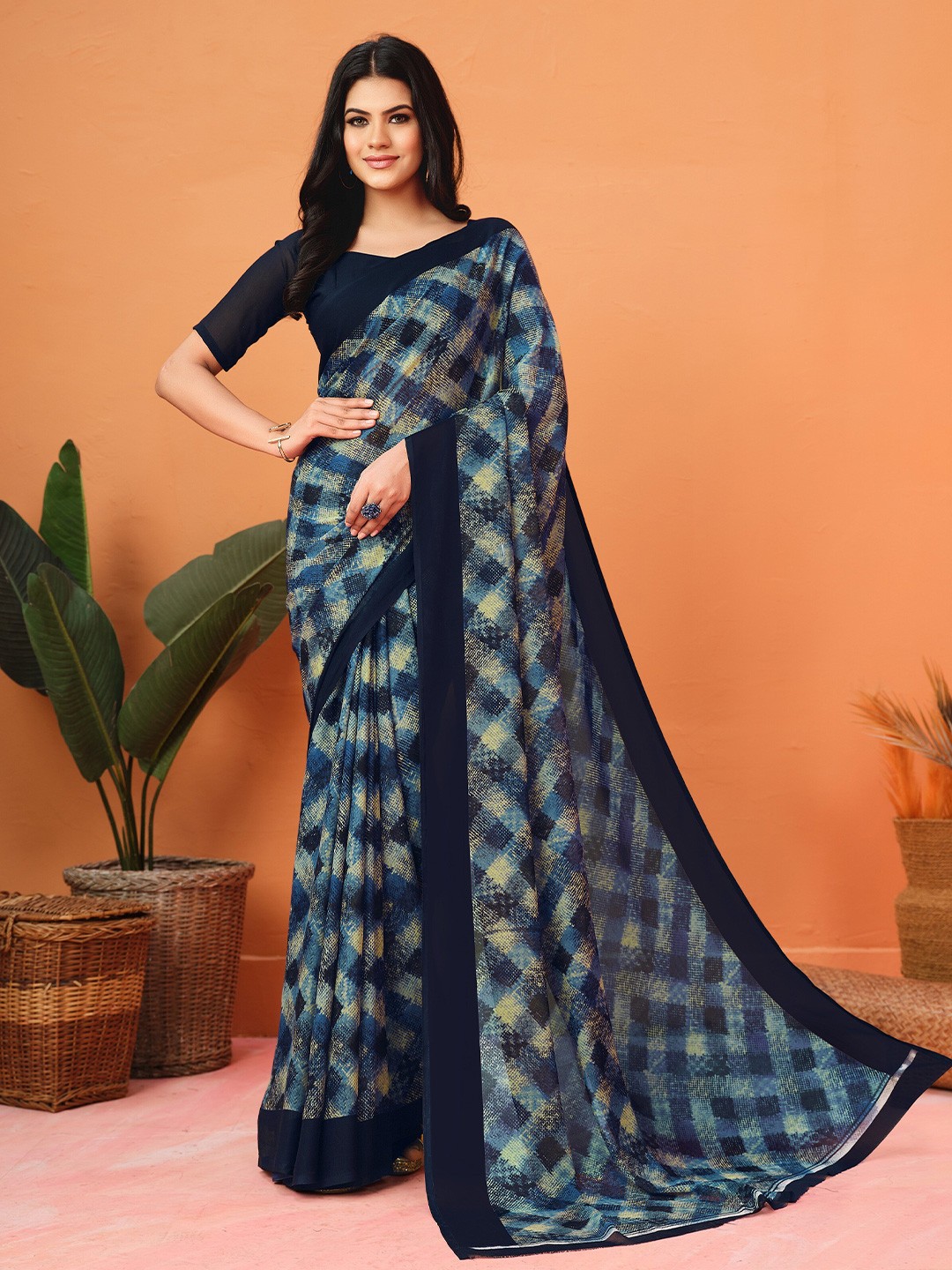 

Dori Checked Pure Georgette Saree, Blue