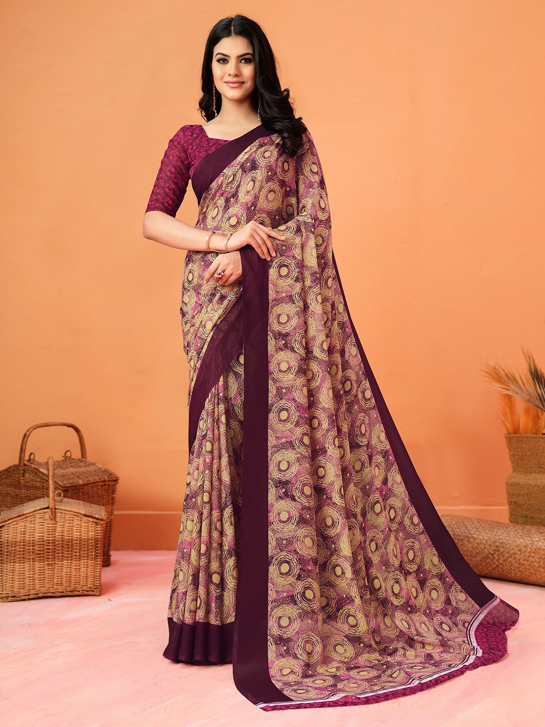 

Dori Geometric Printed Pure Georgette Saree, Pink