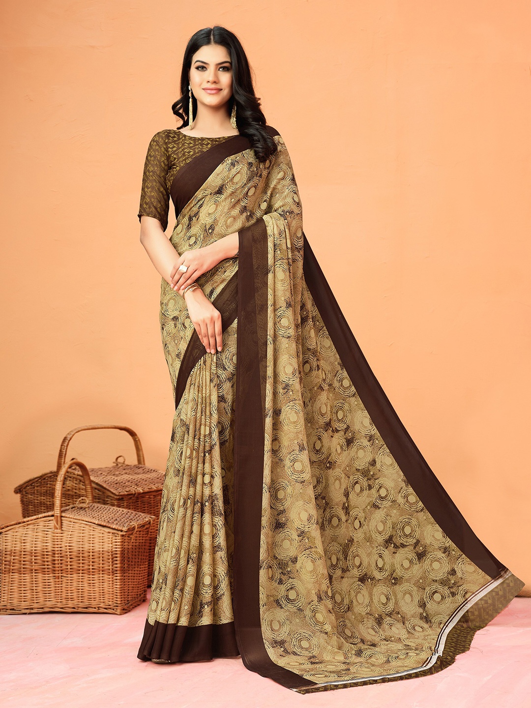 

Dori Geometric Printed Pure Georgette Saree, Brown