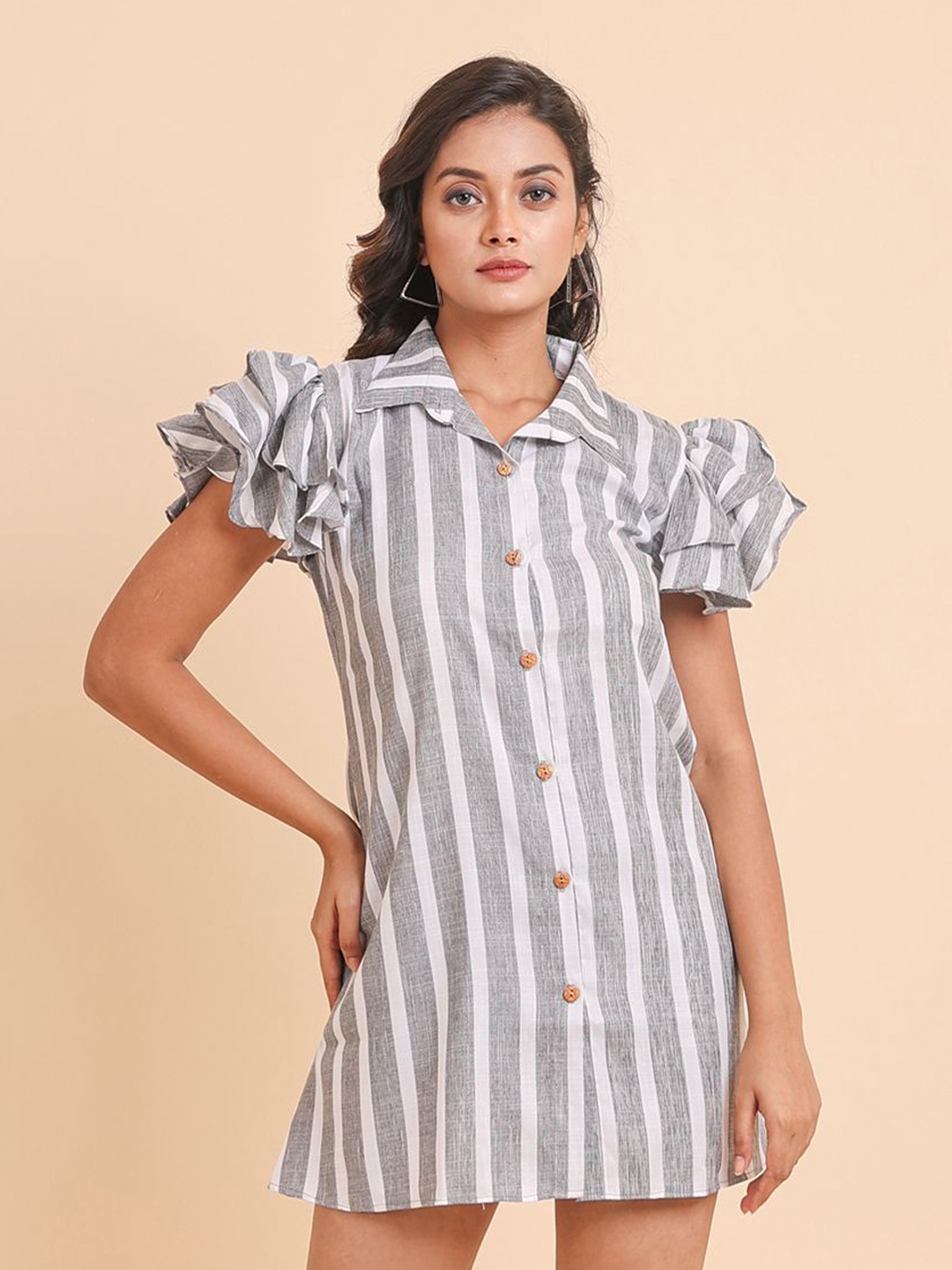 

Disli Striped Shirt Collar Flutter Sleeve Cotton Shirt Dress, Grey