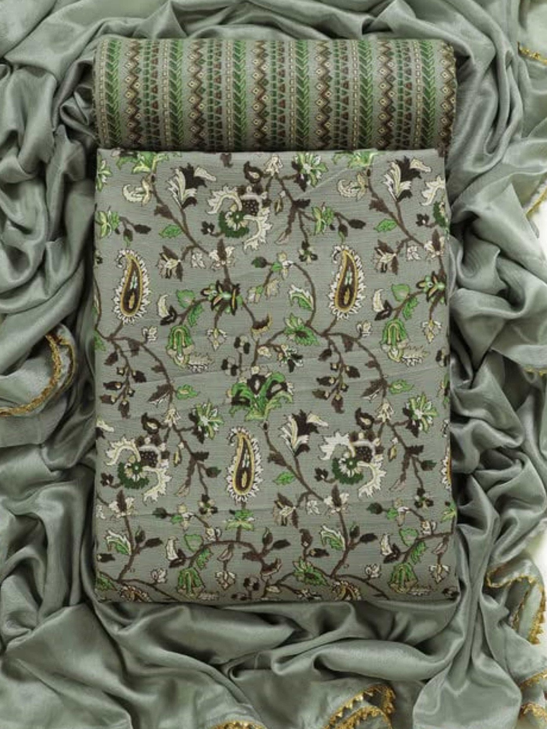 

KALINI Ethnic Motif Printed Unstitched Dress Material, Green