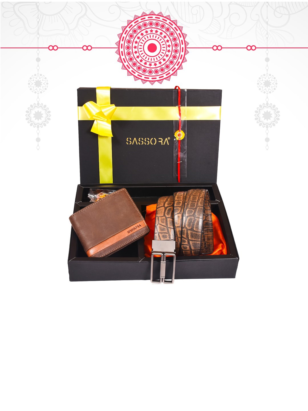 

Sassora Men Set of 3 Genuine Leather Wallet Belt & Rakhi Gift Set, Brown