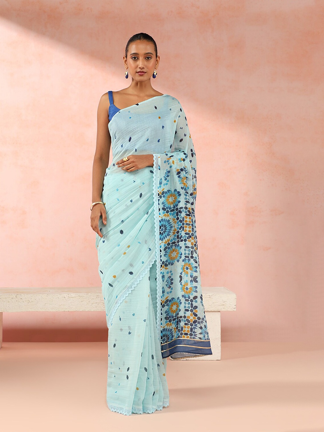 

Taneira Geometric Printed Silk Cotton Saree, Blue