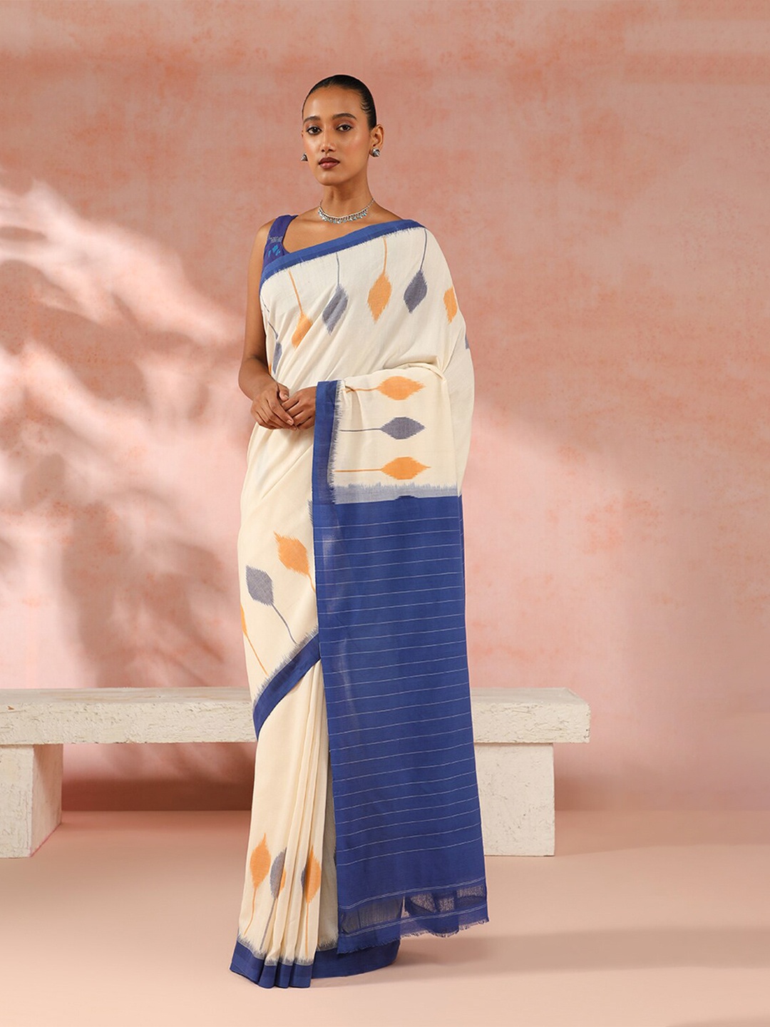 

Taneira Geometric Printed Pure Cotton Ikat Saree, Off white