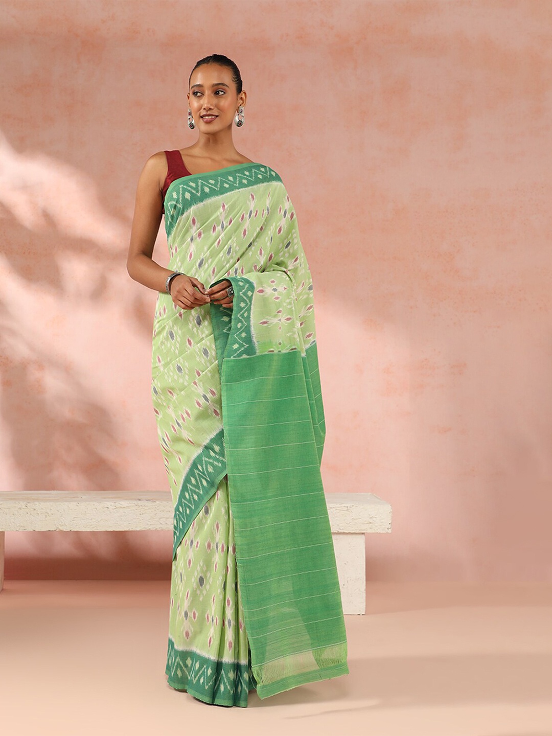 

Taneira Ethnic Motifs Printed Pure Cotton Ikat Saree, Green