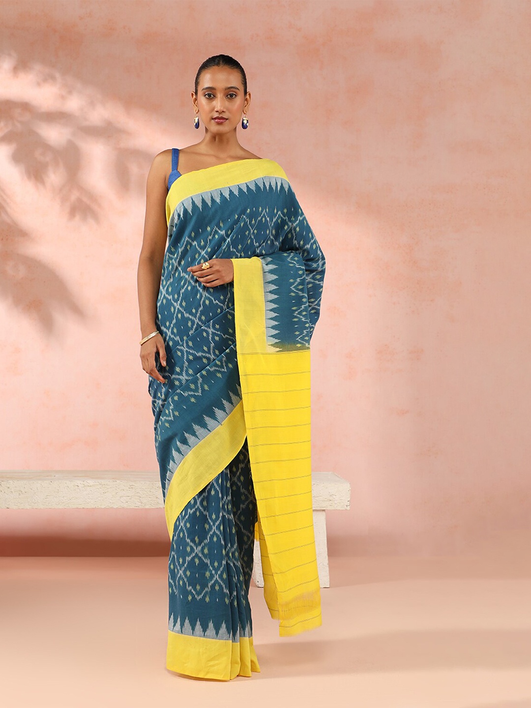 

Taneira Geometric Printed Pure Cotton Ikat Saree, Blue
