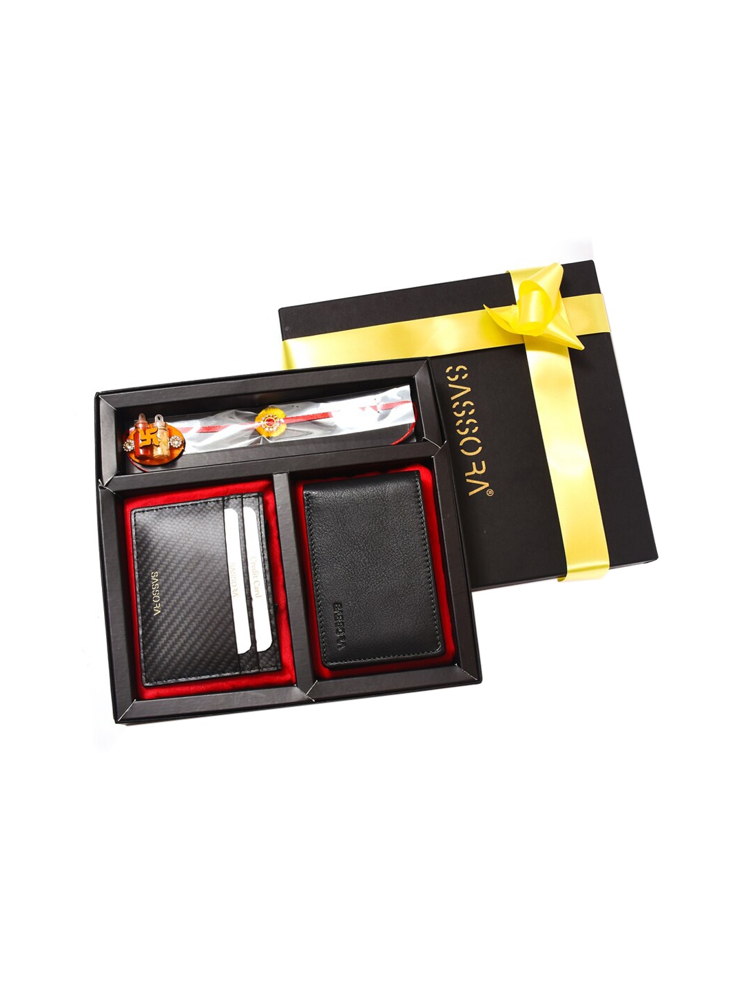 

Sassora Men Set of 3 Genuine Leather Wallet-Card Holder & Rakhi Gift Set, Black