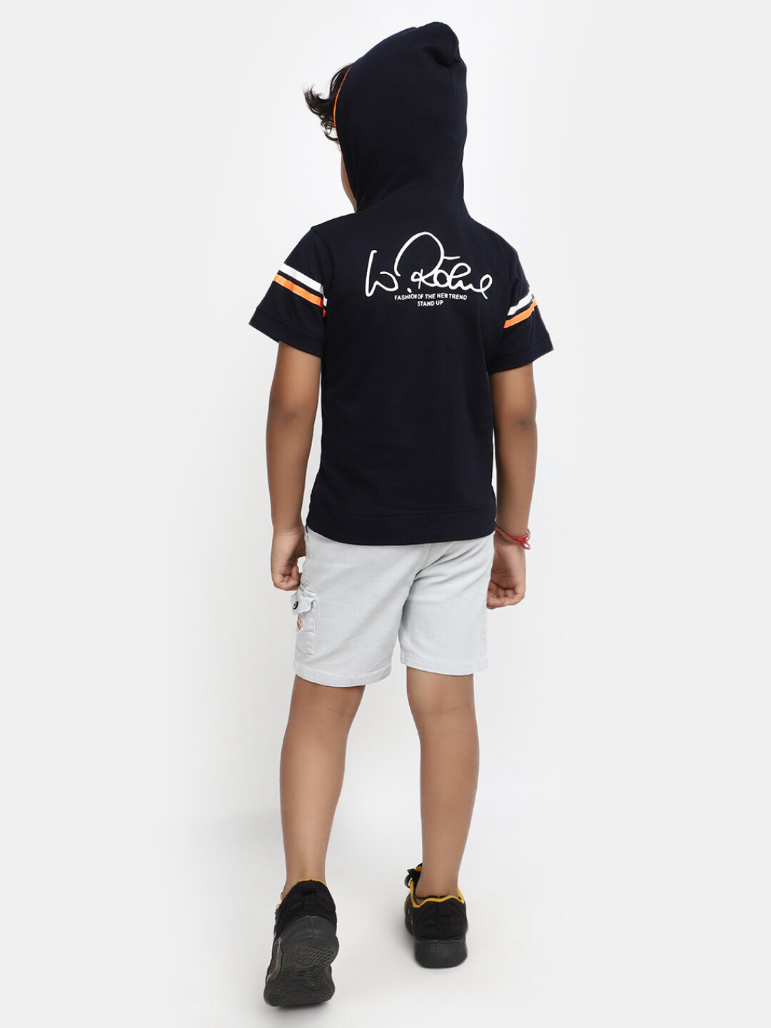 

V-Mart Boys Typography Printed Pure Cotton Hooded T-Shirt With Shorts, Navy blue
