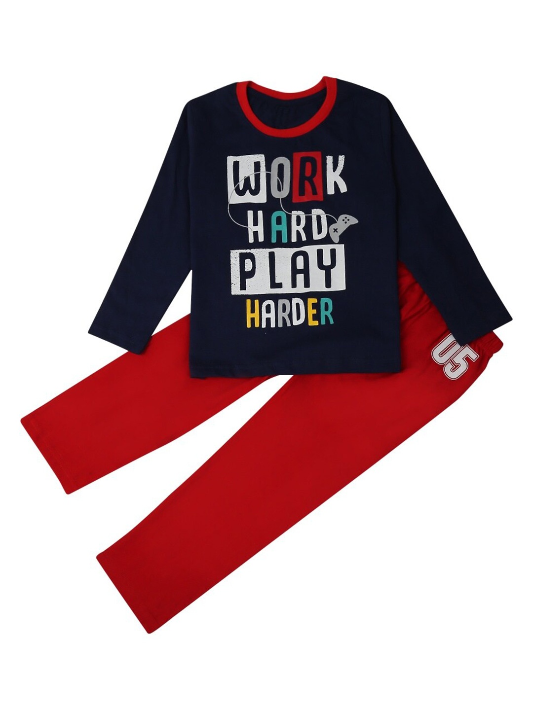 

V-Mart Boys Typography Printed Pure Cotton T-Shirt With Trousers, Navy blue