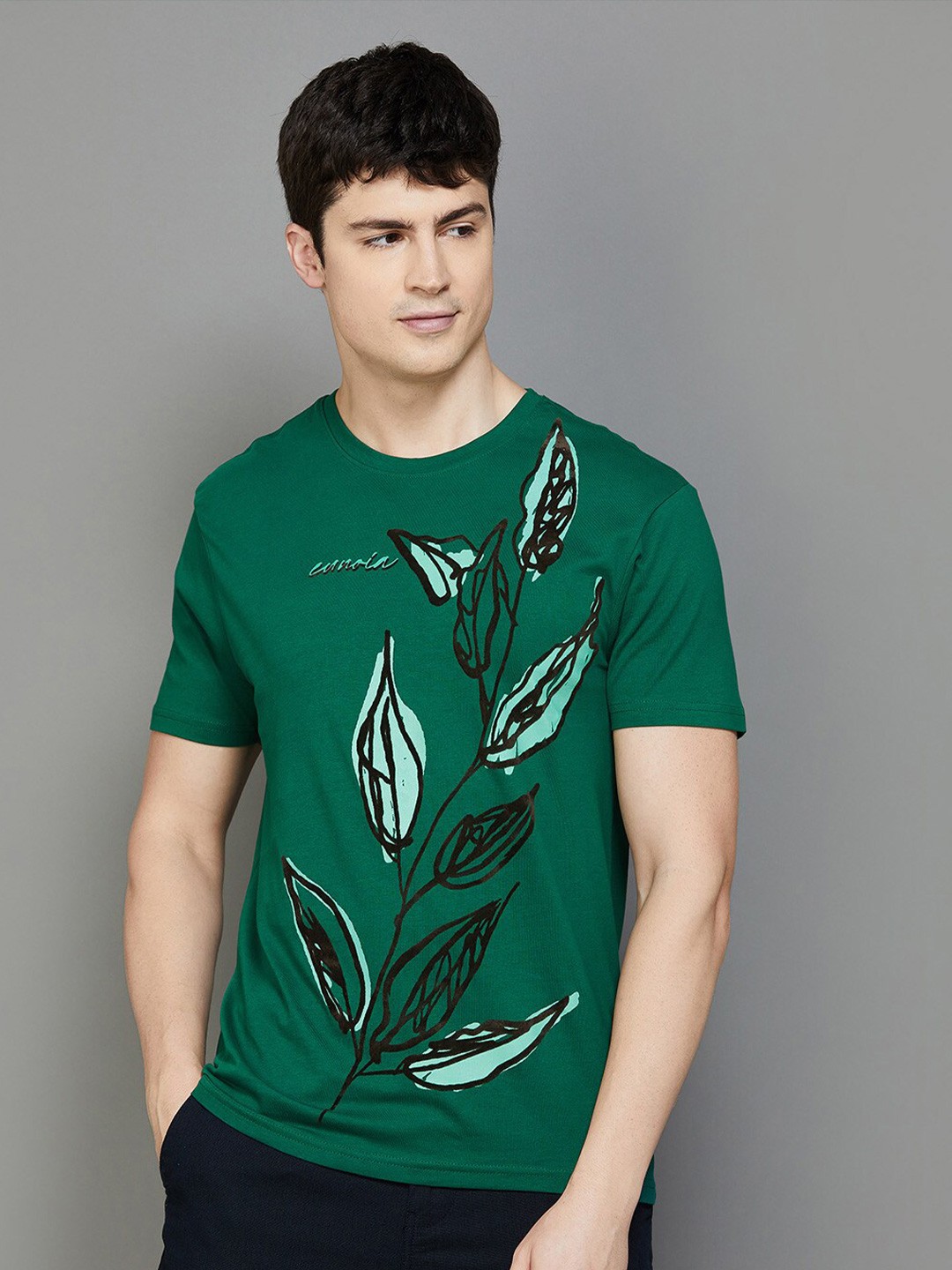 

Fame Forever by Lifestyle Floral Printed Cotton Slim Fit T-shirt, Green