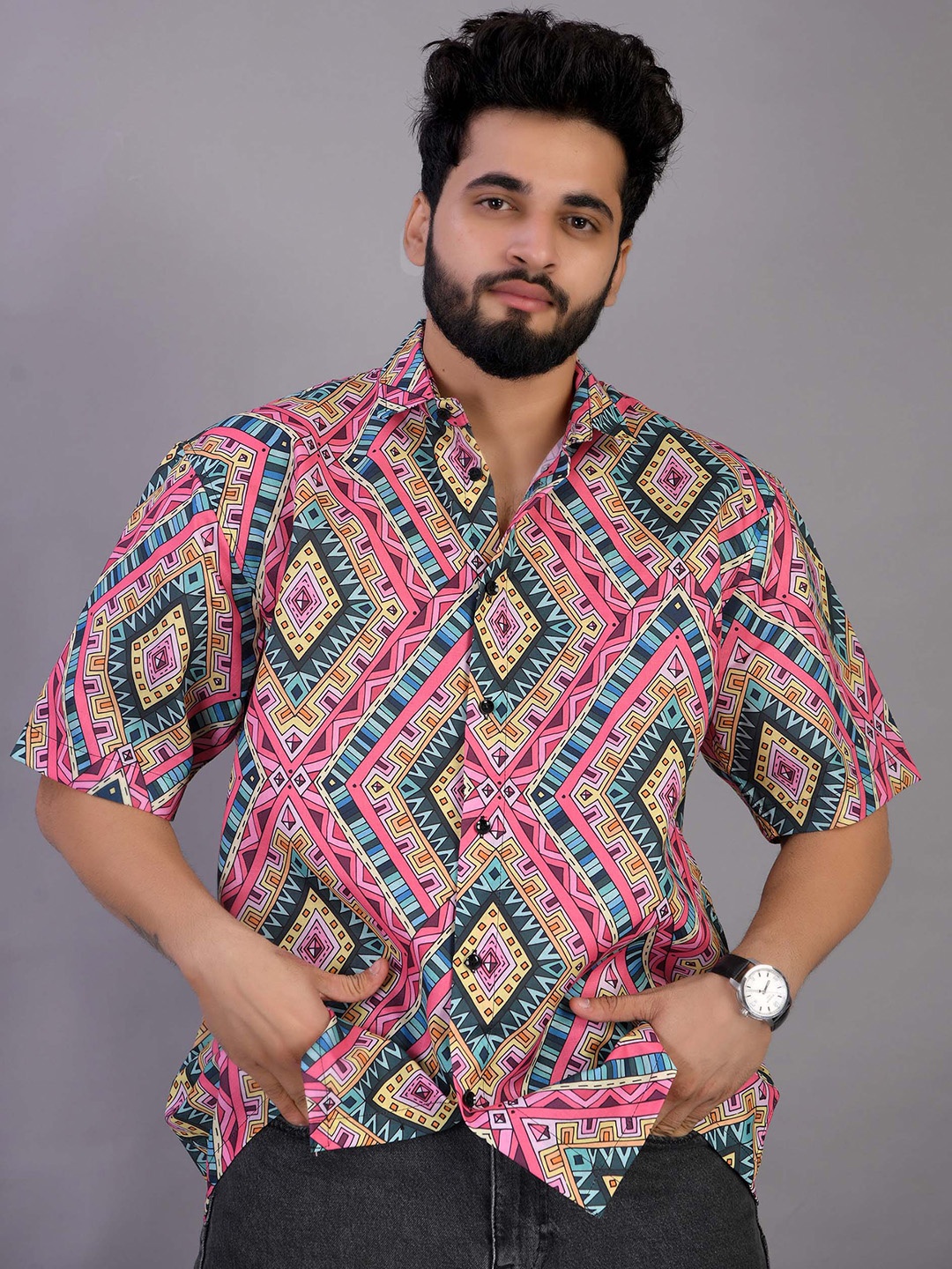 

BROWN BROTHERS Relaxed Ethnic Motifs Printed Opaque Oversized Shirt, Pink