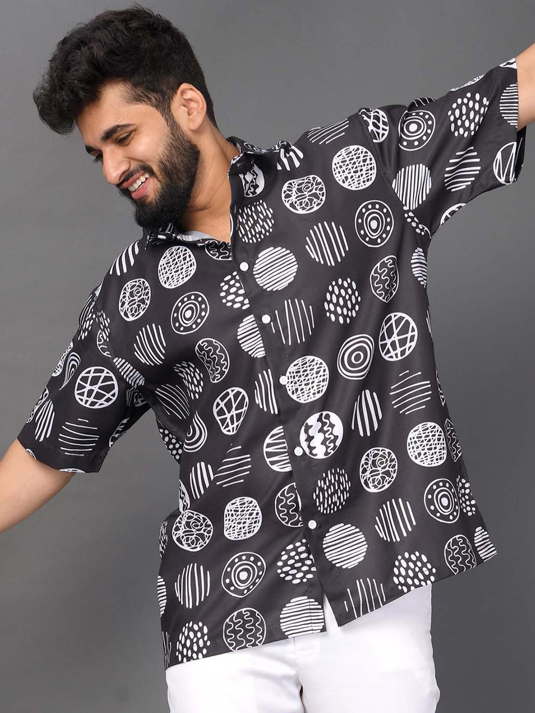 

BROWN BROTHERS Relaxed Geometric Printed Opaque Oversized Shirt, Grey