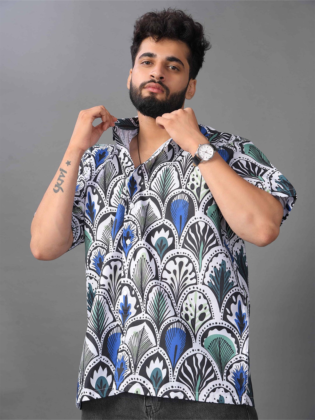 

BROWN BROTHERS Relaxed Oversized Ethnic Motifs Printed Casual Shirt, Blue