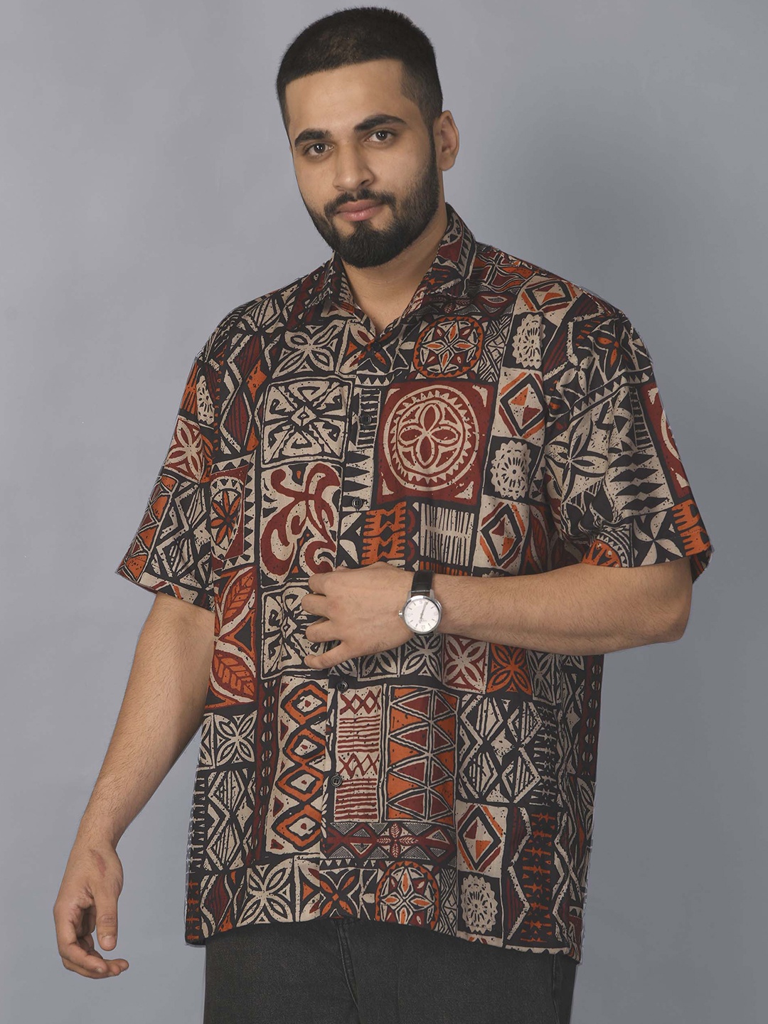

BROWN BROTHERS Relaxed Ethnic Motifs Printed Opaque Oversized Shirt