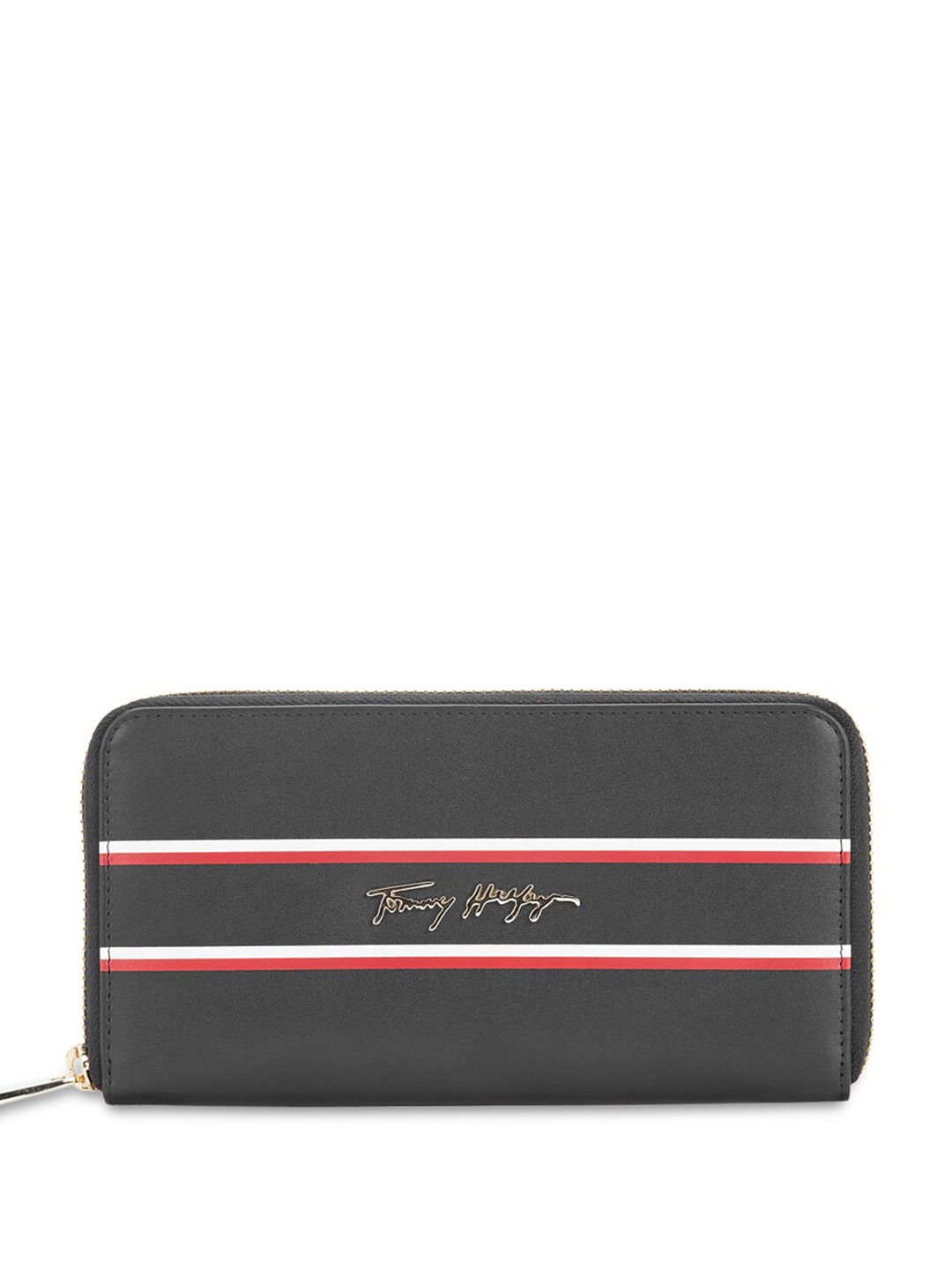 

Tommy Hilfiger Women Striped Leather Zip Around Wallet, Black