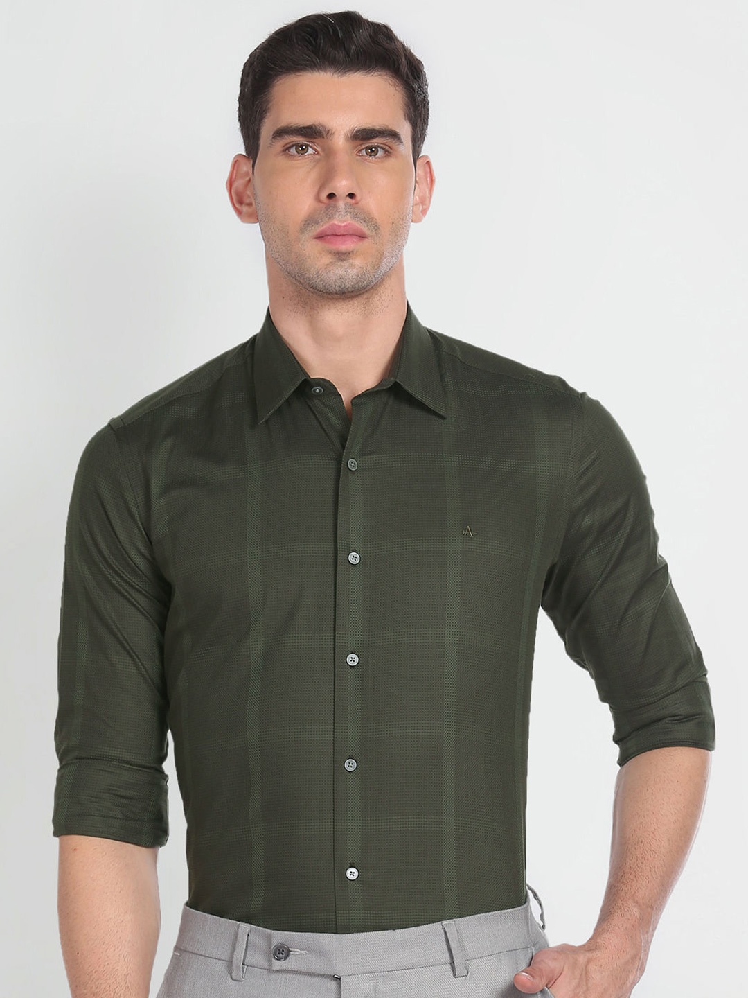 

Arrow New York Slim Fit Windowpane Checked Spread Collar Pure Cotton Formal Shirt, Green