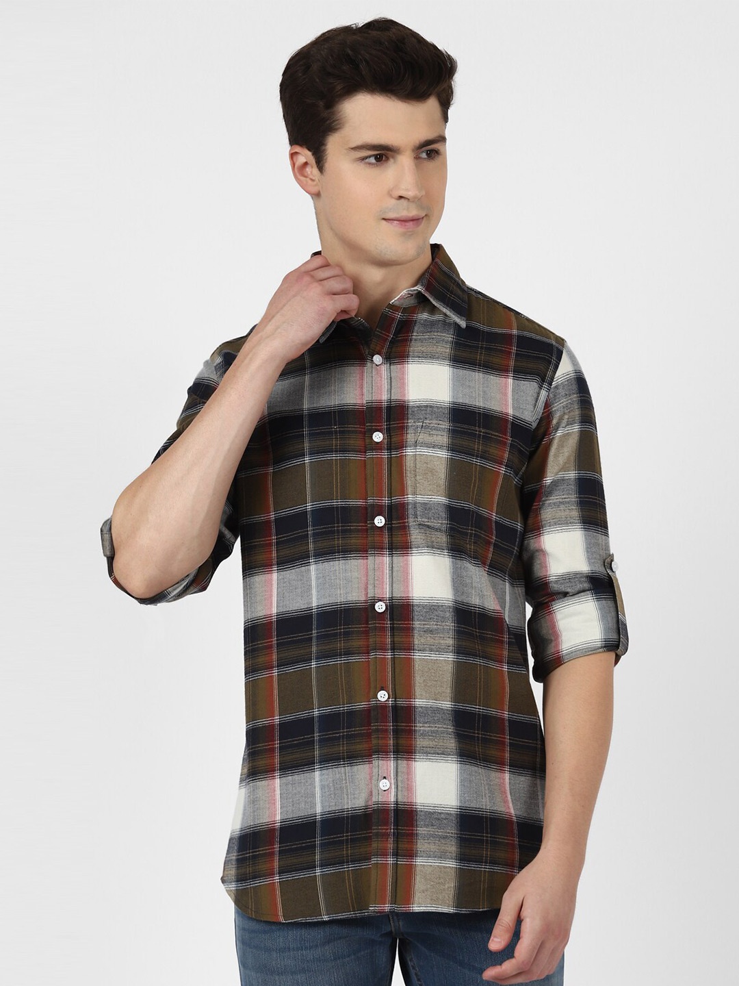 

UrbanMark Standard Tartan Checked Pure Cotton Casual Shirt, Olive