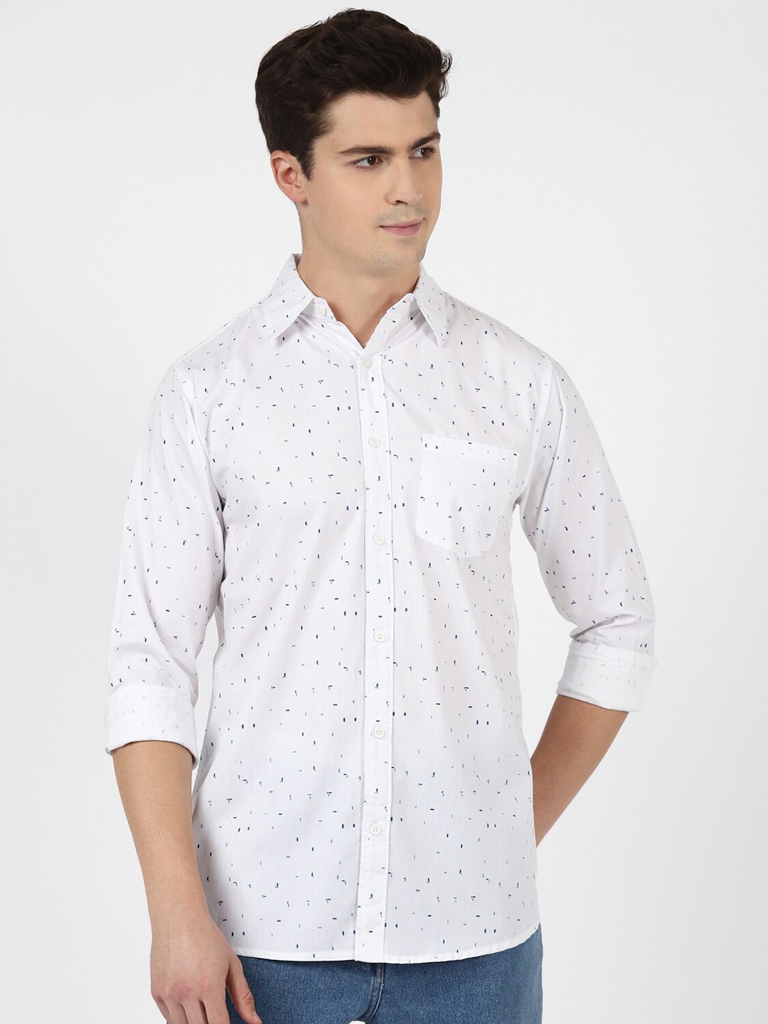 

UrbanMark Spread Collar Standard Printed Casual Pure Cotton Shirt, White