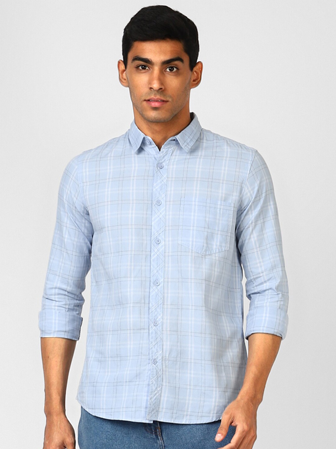 

UrbanMark Spread Collar Standard Checked Casual Pure Cotton Shirt, Blue