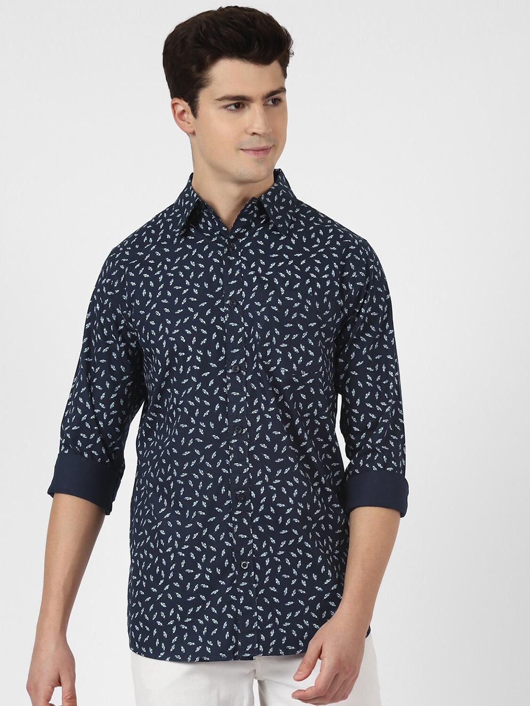 

UrbanMark Spread Collar Standard Micro Ditsy Printed Casual Pure Cotton Shirt, Navy blue