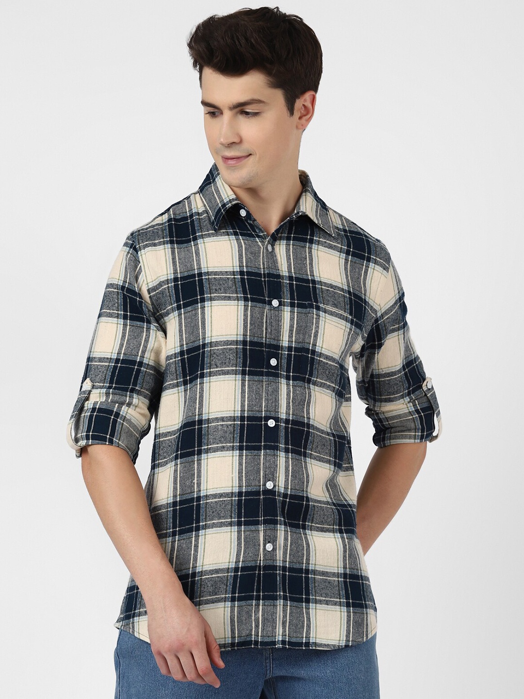 

UrbanMark Standard Tartan Checks Pure Cotton Casual Shirt, Navy blue