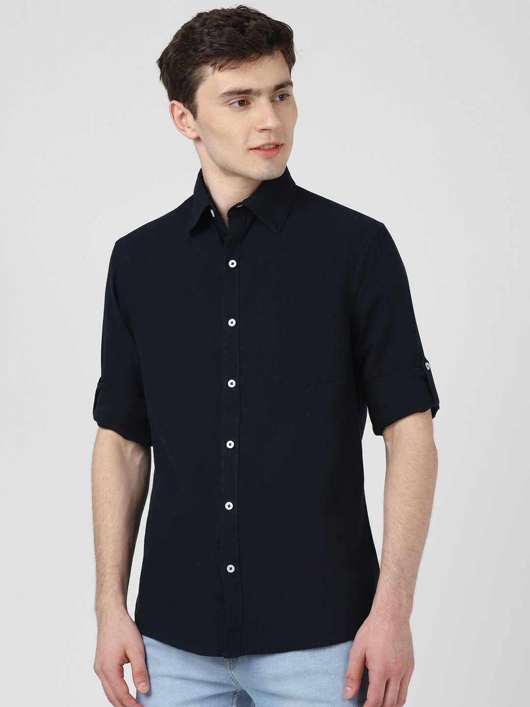 

UrbanMark Standard Fit Roll Up Sleeves Pure Cotton Casual Shirt, Navy blue