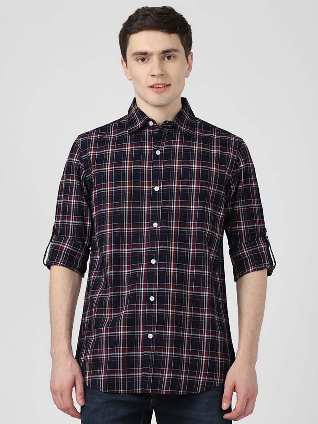 

UrbanMark Standard Tartan Checked Roll Up Sleeves Pure Cotton Casual Shirt, Navy blue