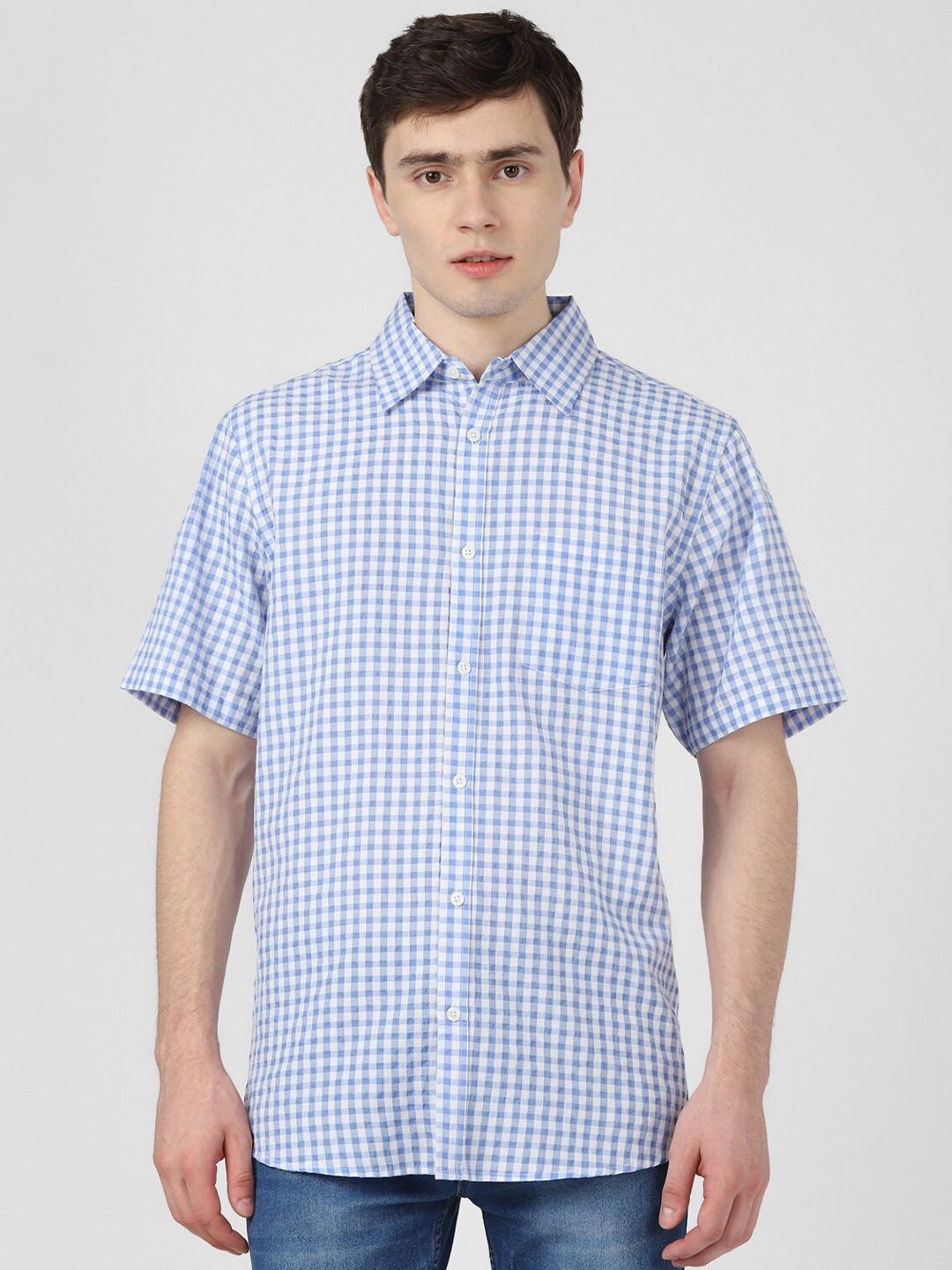 

UrbanMark Standard Gingham Checked Pure Cotton Casual Shirt, Blue