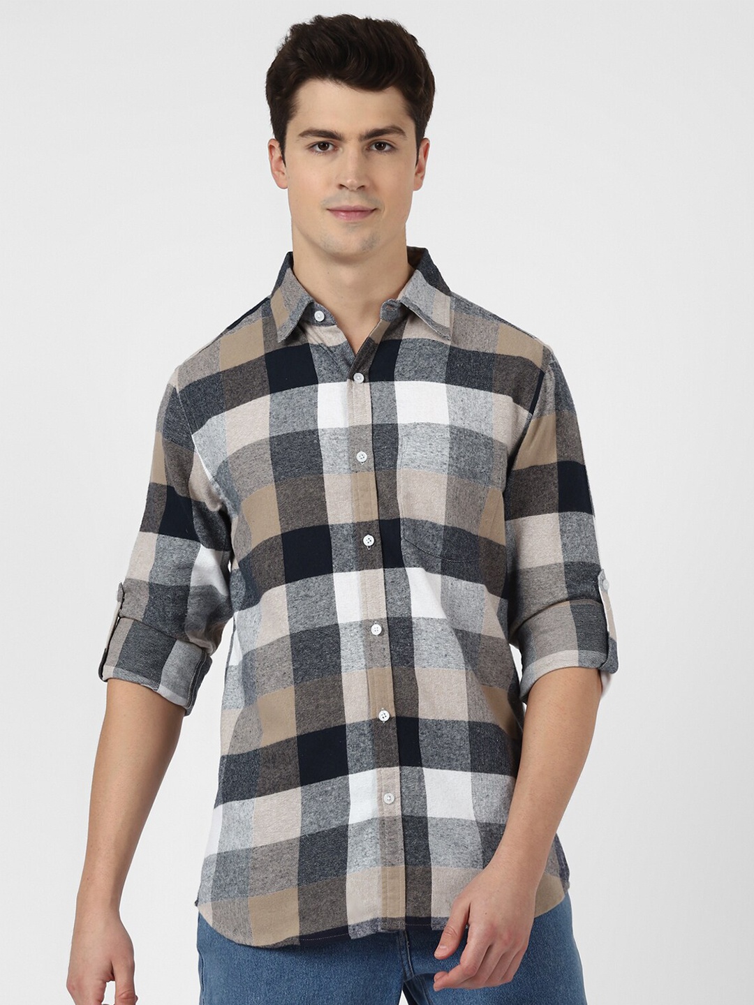 

UrbanMark Standard Buffalo Checked Flannel Weave Pure Cotton Casual Shirt, Beige