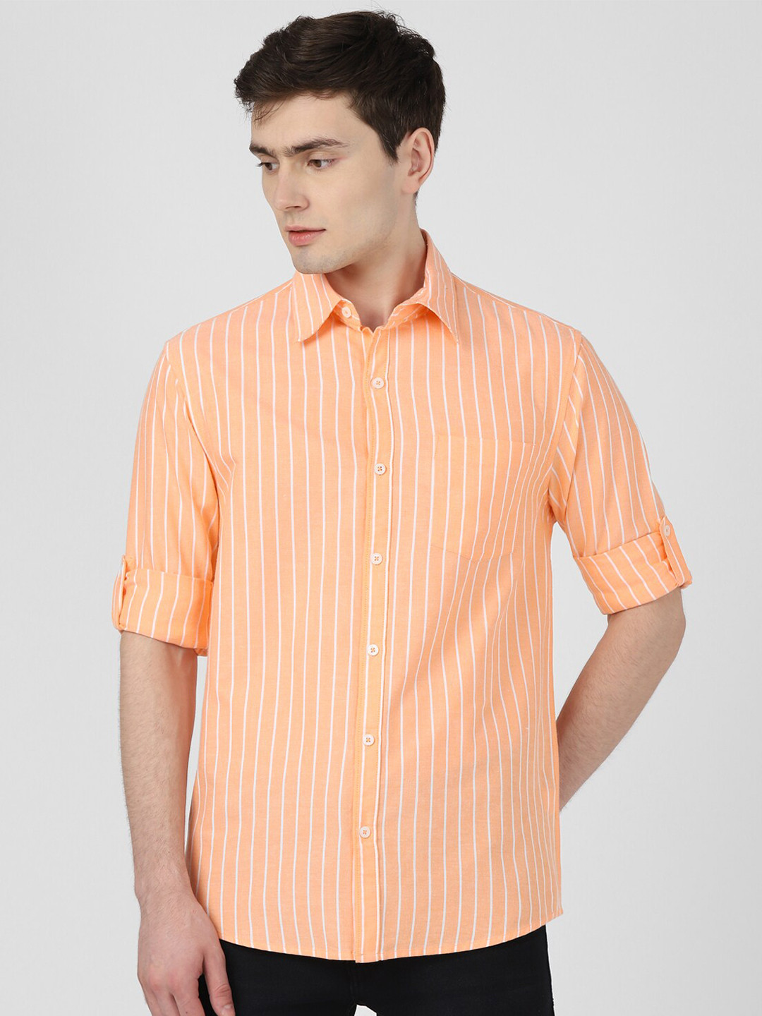 

UrbanMark Standard Striped Oxford Pure Cotton Casual Shirt, Orange
