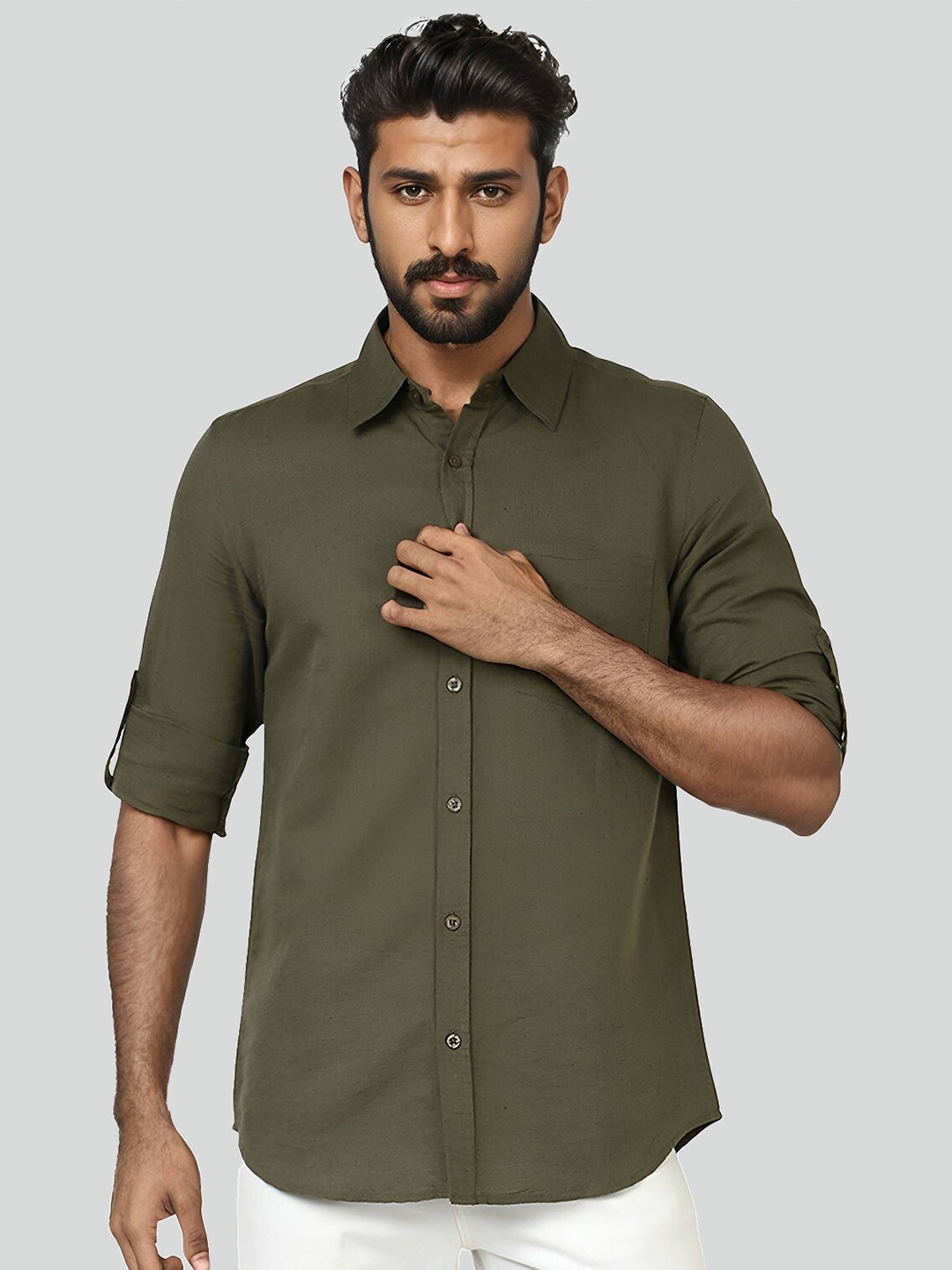 

UrbanMark Standard Fit Roll Up Sleeves Casual Shirt, Olive