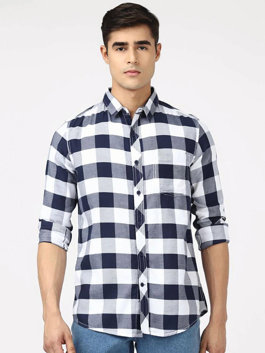 

UrbanMark Standard Gingham Checked Pure Cotton Casual Shirt, Navy blue