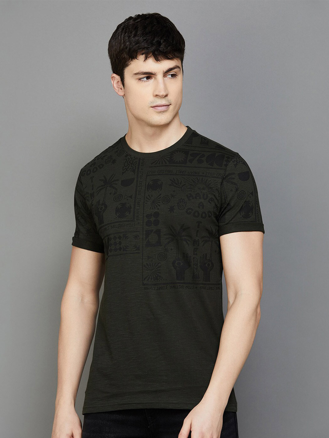 

Forca by Lifestyle Conversational Printed Cotton Slim Fit T-shirt, Olive