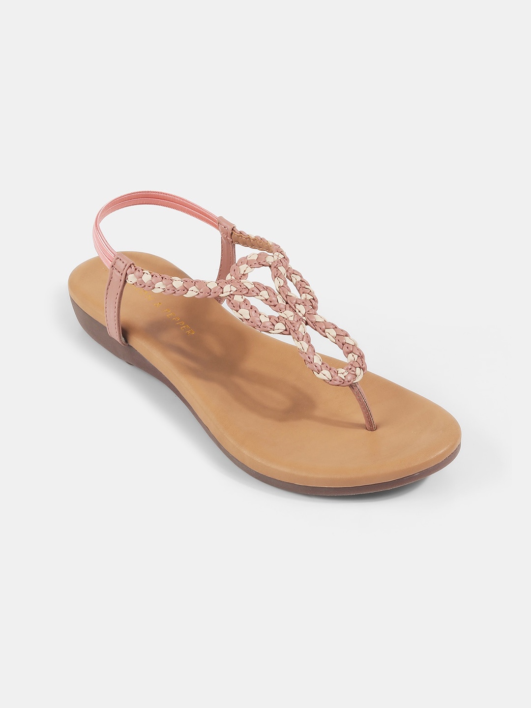 

LEMON & PEPPER Braided T-Strap Flats With Backstrap, Peach