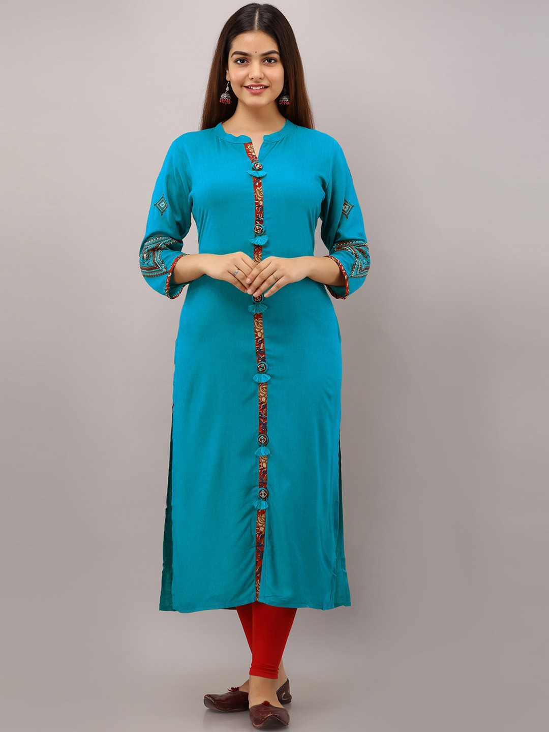 

PREKSHA Mandarin Collar Thread Work Detailed Straight Kurta, Turquoise blue