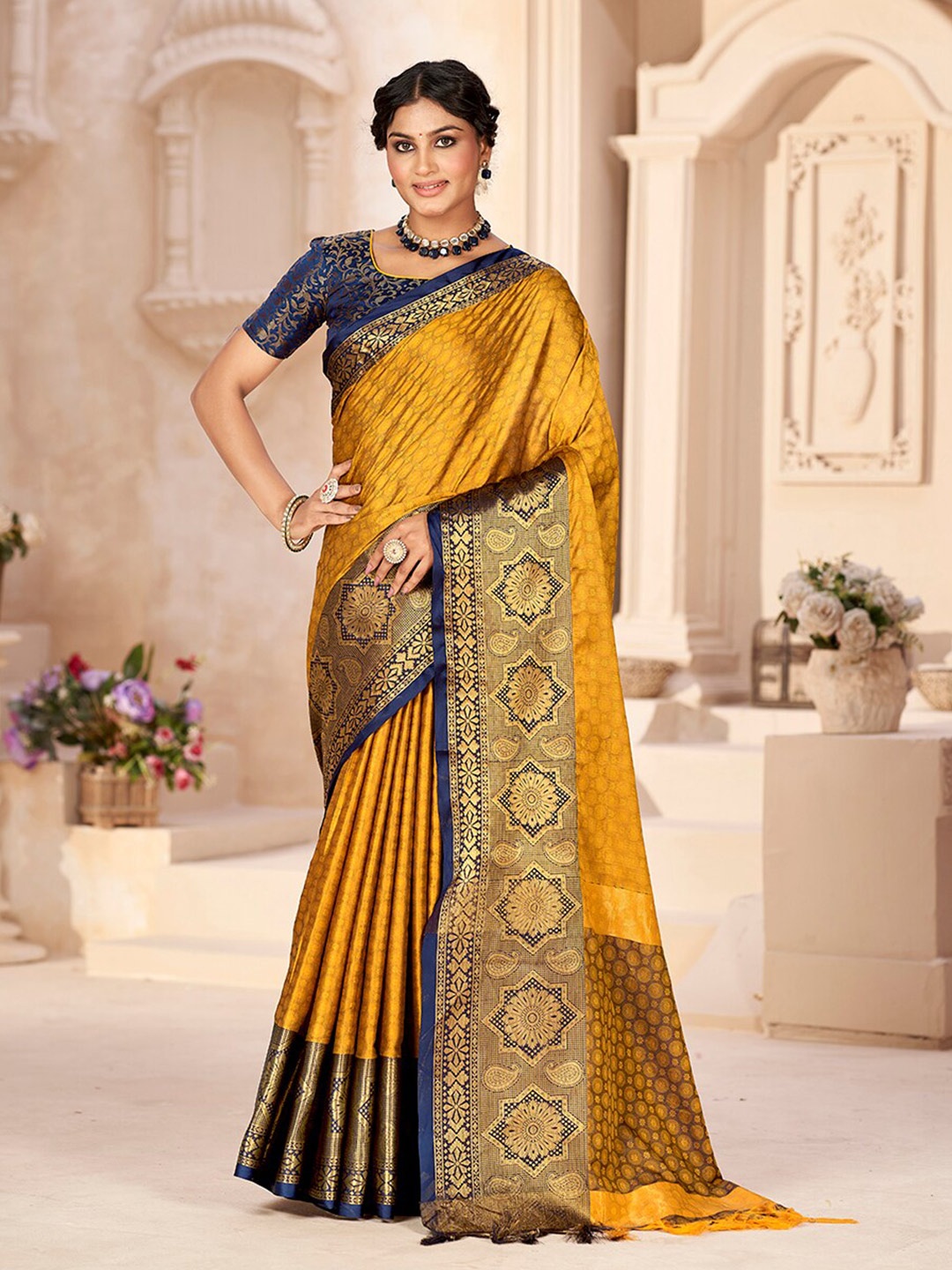 

Mitera Geometric Woven Design Zari Pure Silk Banarasi Saree, Mustard