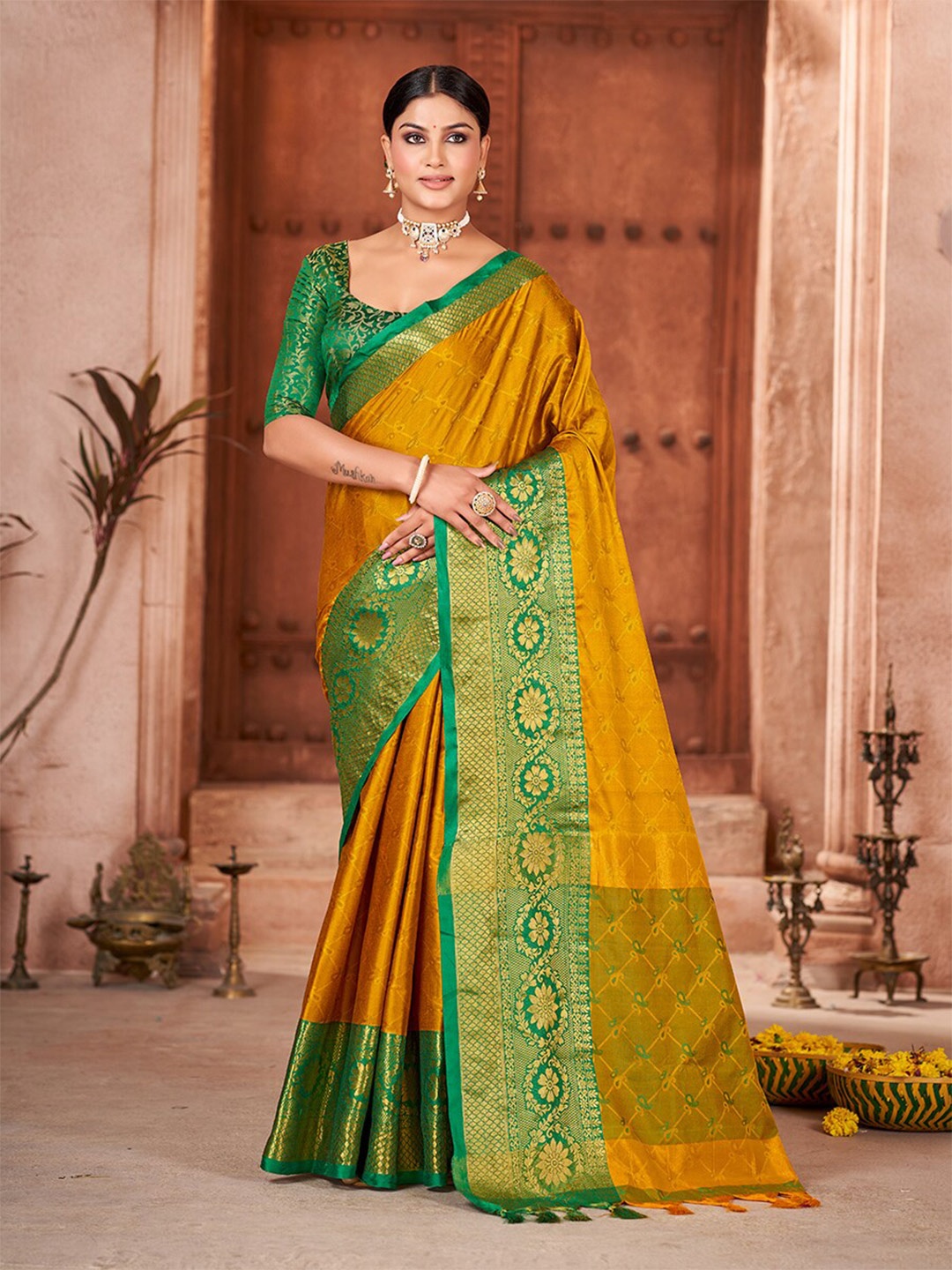 

Mitera Mustard & Green Ethnic Motifs Woven Design Zari Pure Silk Banarasi Saree