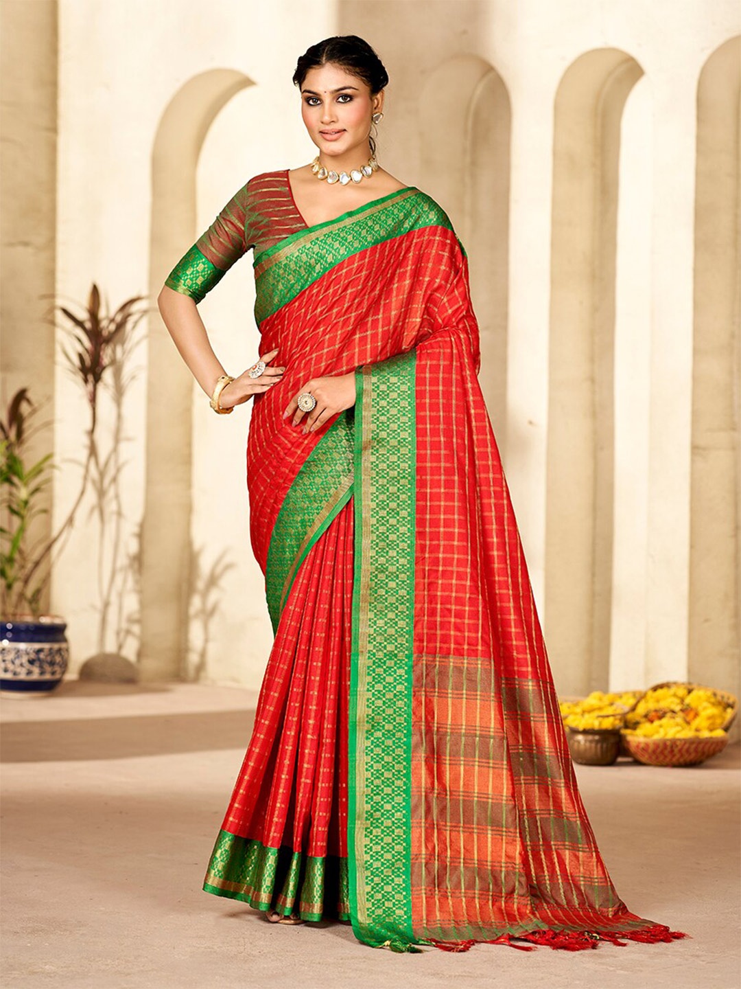 

Mitera Red & Green Checked Zari Pure Silk Banarasi Saree