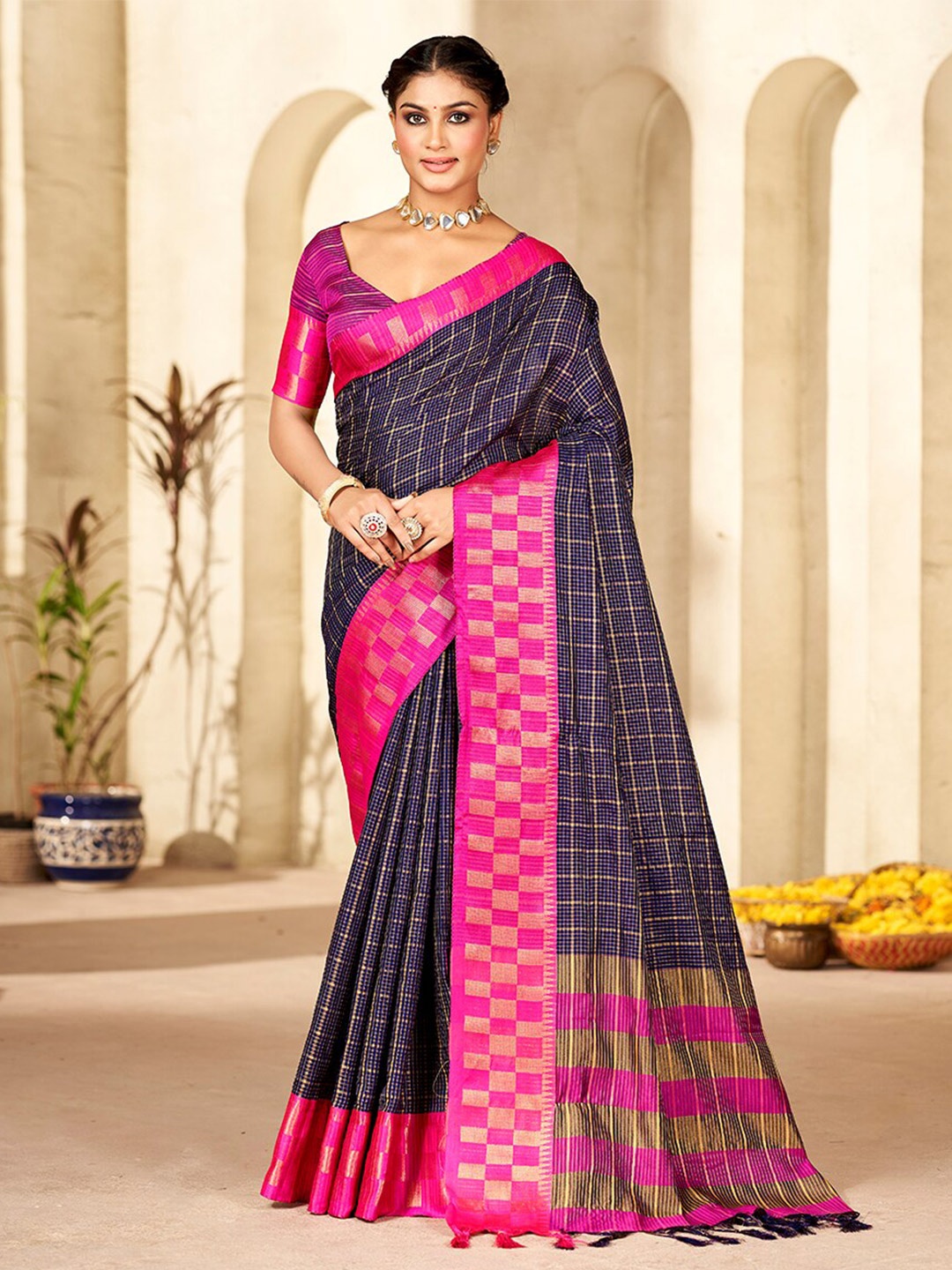 

Mitera Navy Blue & Pink Checked Zari Pure Silk Banarasi Saree