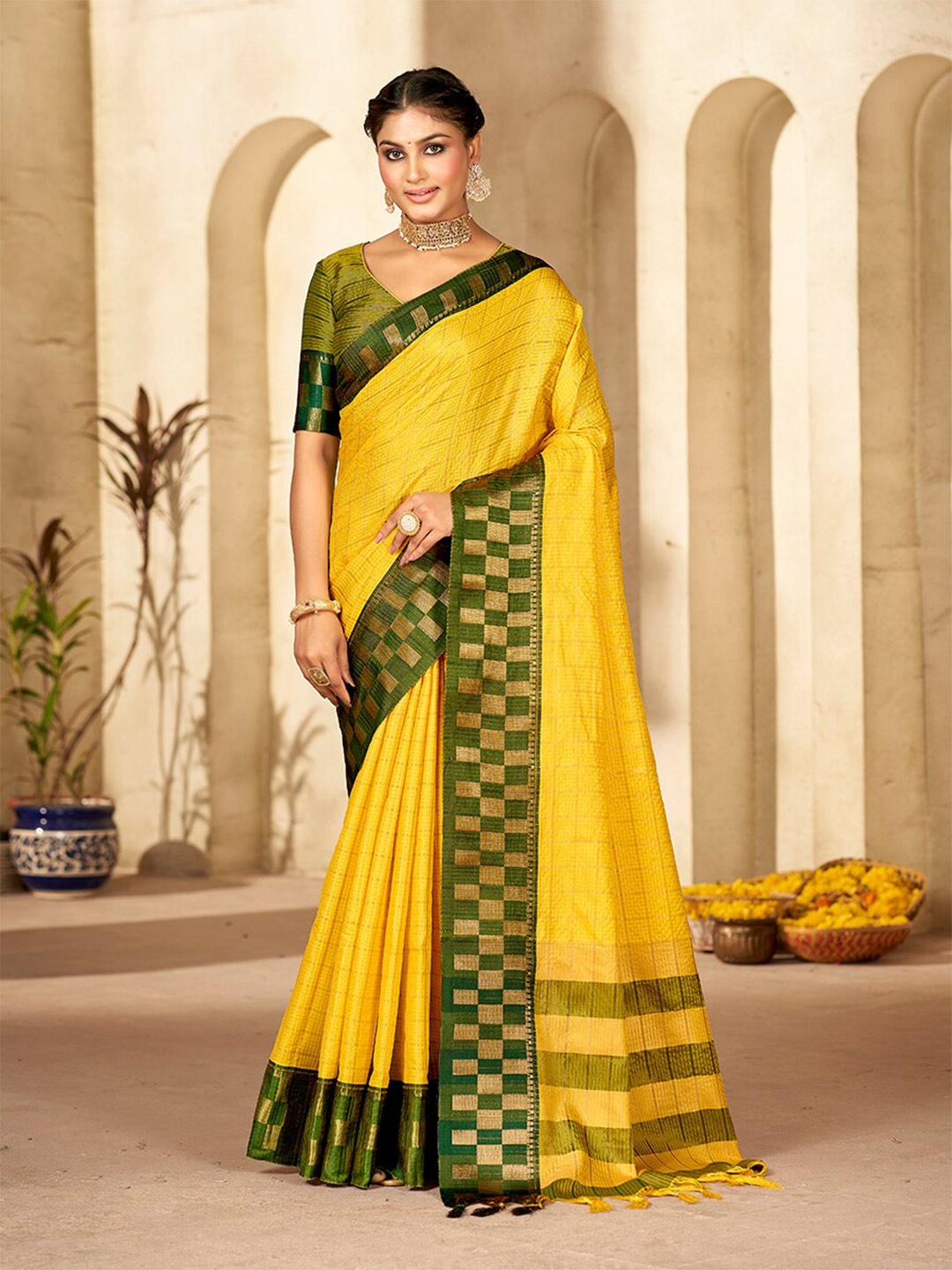 

Mitera Yellow & Green Checked Zari Pure Silk Banarasi Saree