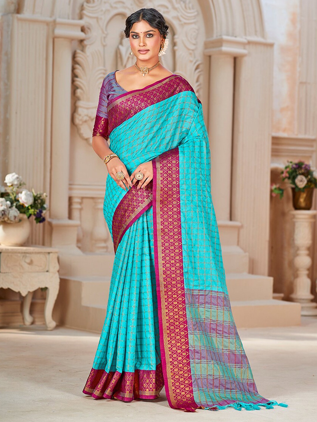 

Mitera Blue & Purple Checked Zari Pure Silk Banarasi Saree