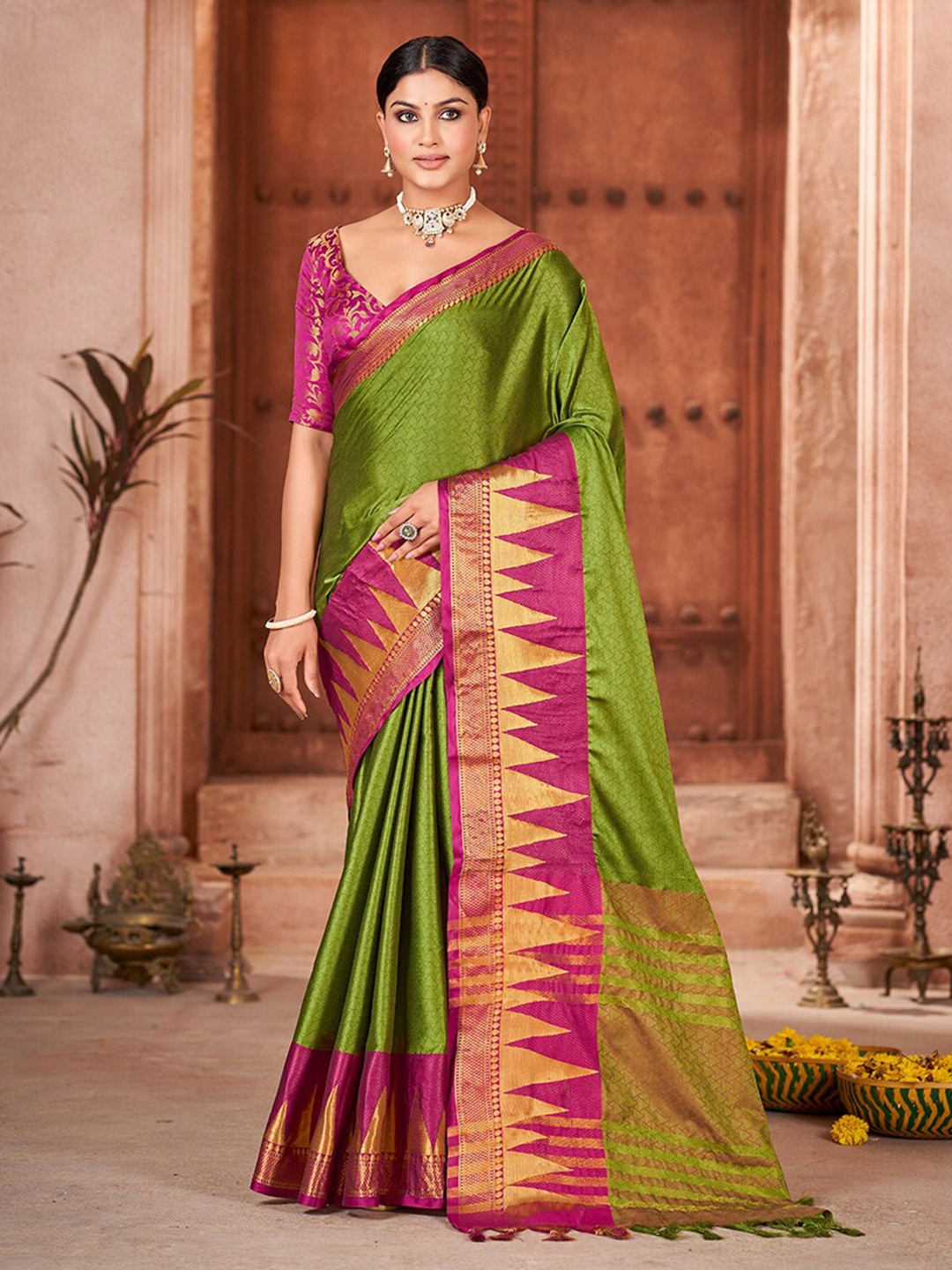 

Mitera Geometric Woven Design Zari Pure Silk Banarasi Saree, Olive