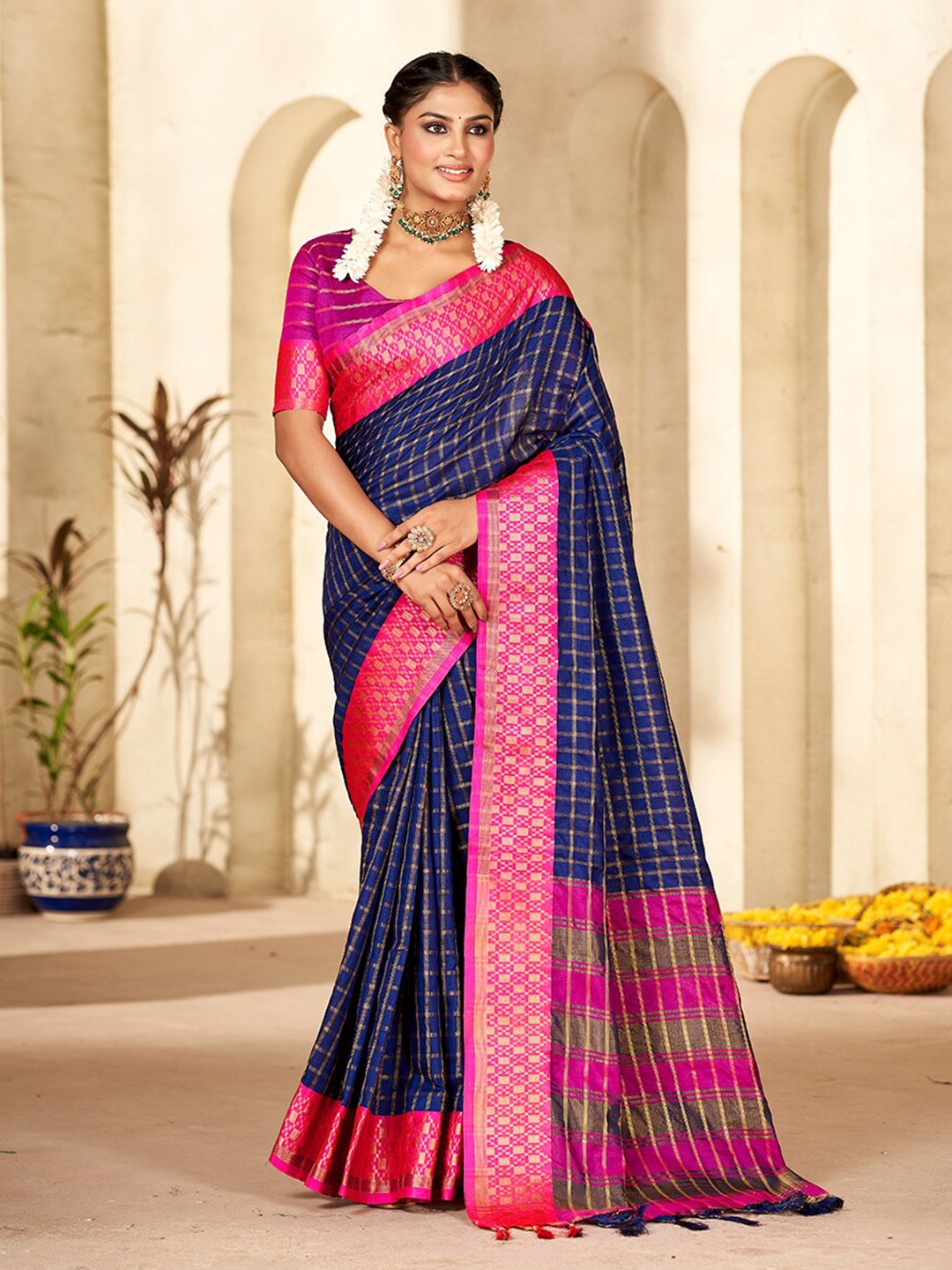 

Mitera Checked Woven Design Zari Pure Silk Banarasi Saree, Blue