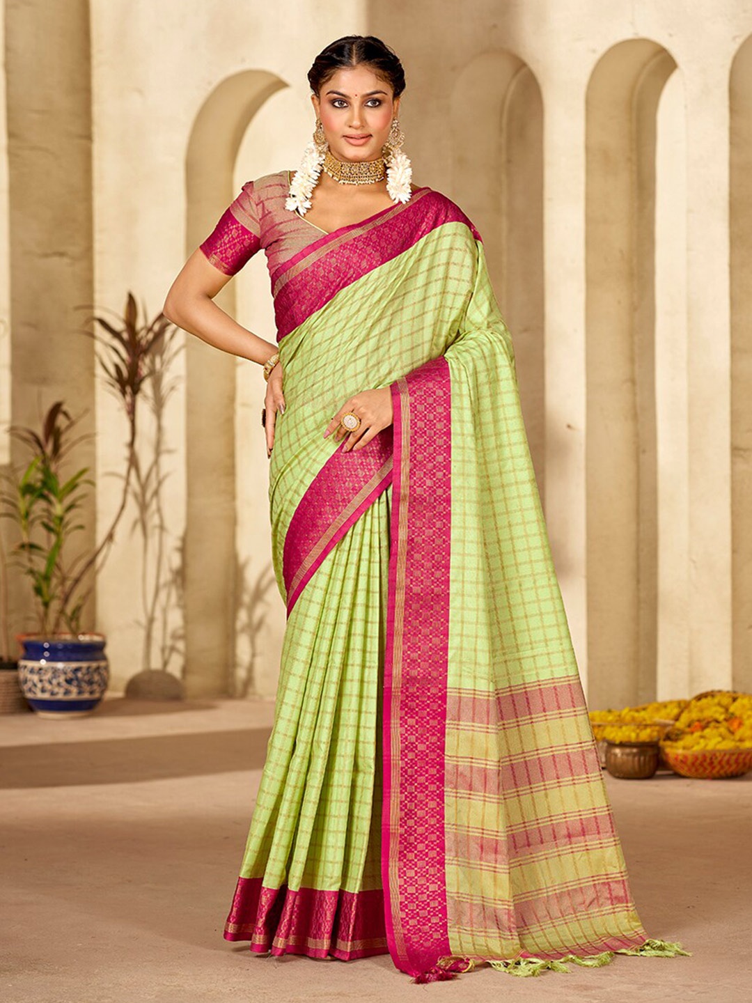 

Mitera Checked Woven Design Zari Pure Silk Banarasi Saree, Green