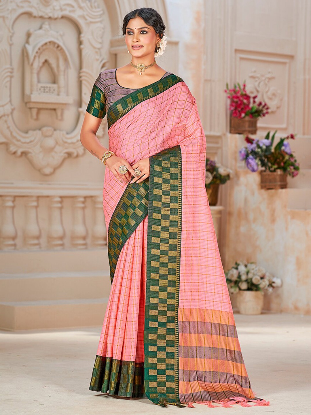 

Mitera Pink & Green Checked Zari Pure Silk Banarasi Saree