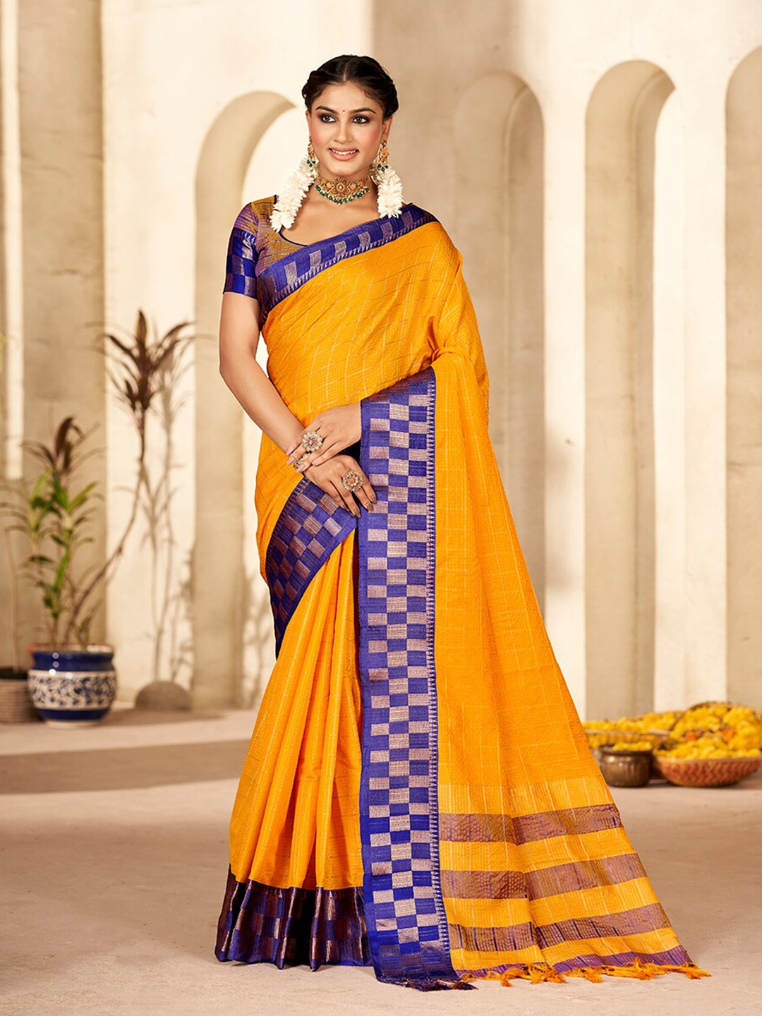 

Mitera Yellow & Blue Checked Zari Pure Silk Banarasi Saree