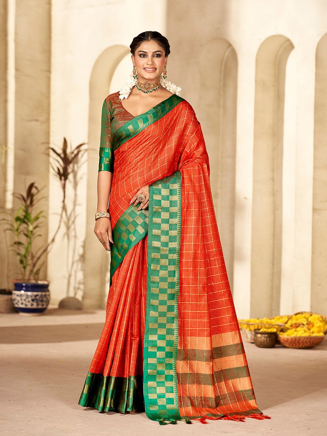 

Mitera Checked Woven Design Zari Pure Silk Banarasi Saree, Orange