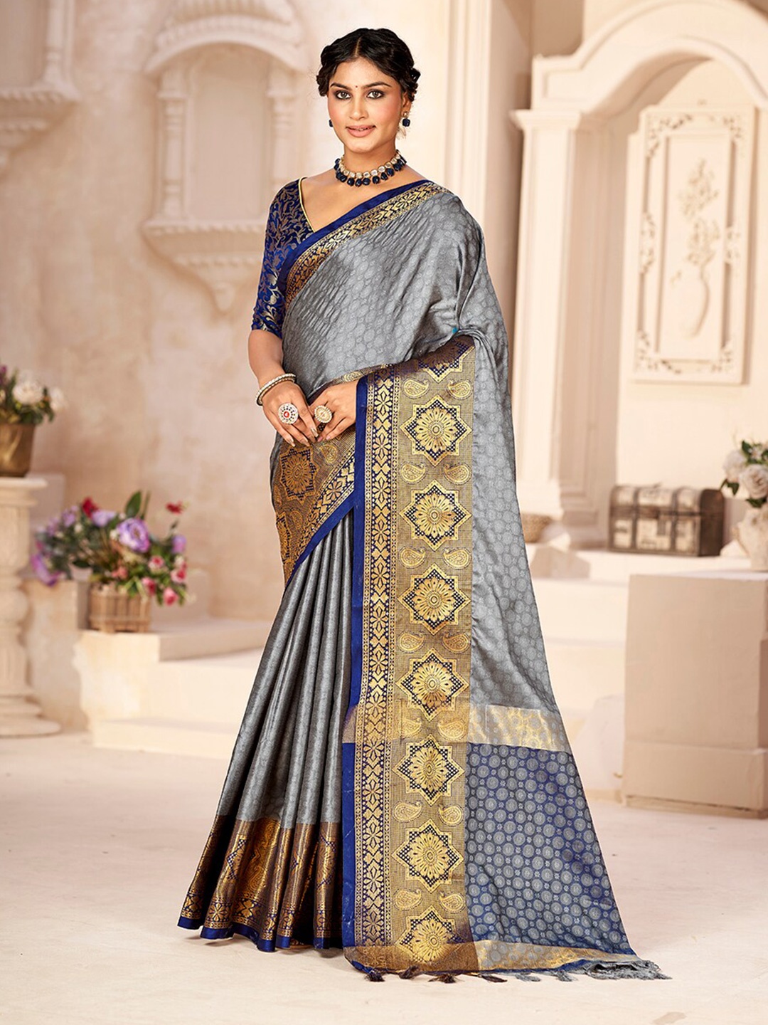 

Mitera Grey & Blue Ethnic Motifs Woven Design Zari Pure Silk Banarasi Saree