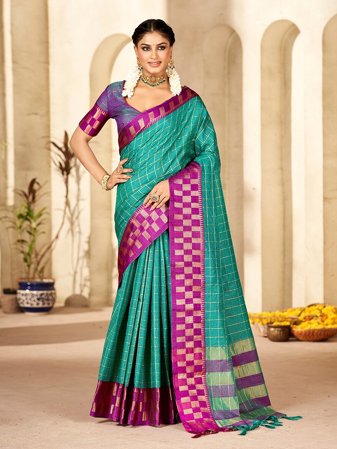 

Mitera Checked Woven Design Zari Pure Silk Banarasi Saree, Teal