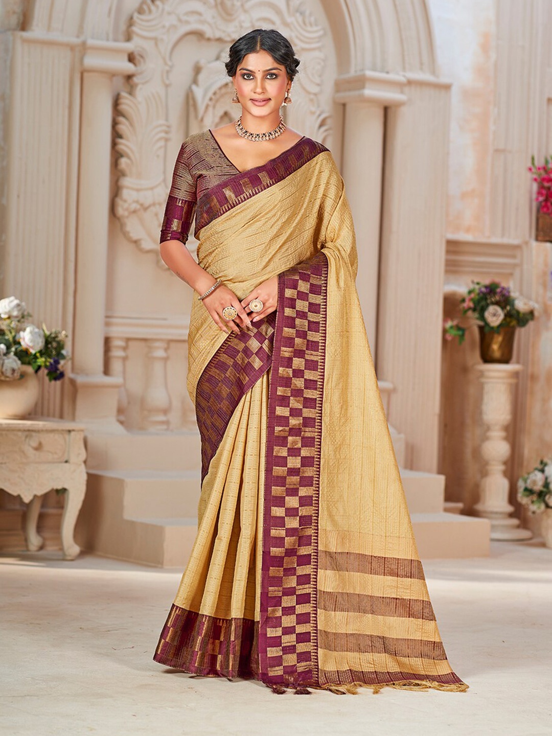 

Mitera Beige & Maroon Woven Design Zari Pure Silk Banarasi Saree